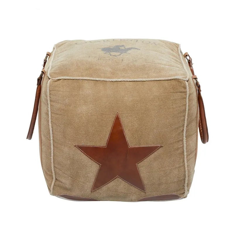 Canvas Pouf with Leather Handles - Gray, Brown, White, Cream or Beige - Roche River Decor