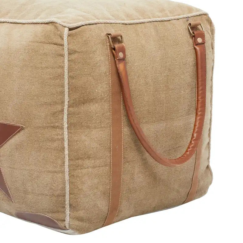 Canvas Pouf with Leather Handles - Gray, Brown, White, Cream or Beige - Roche River Decor