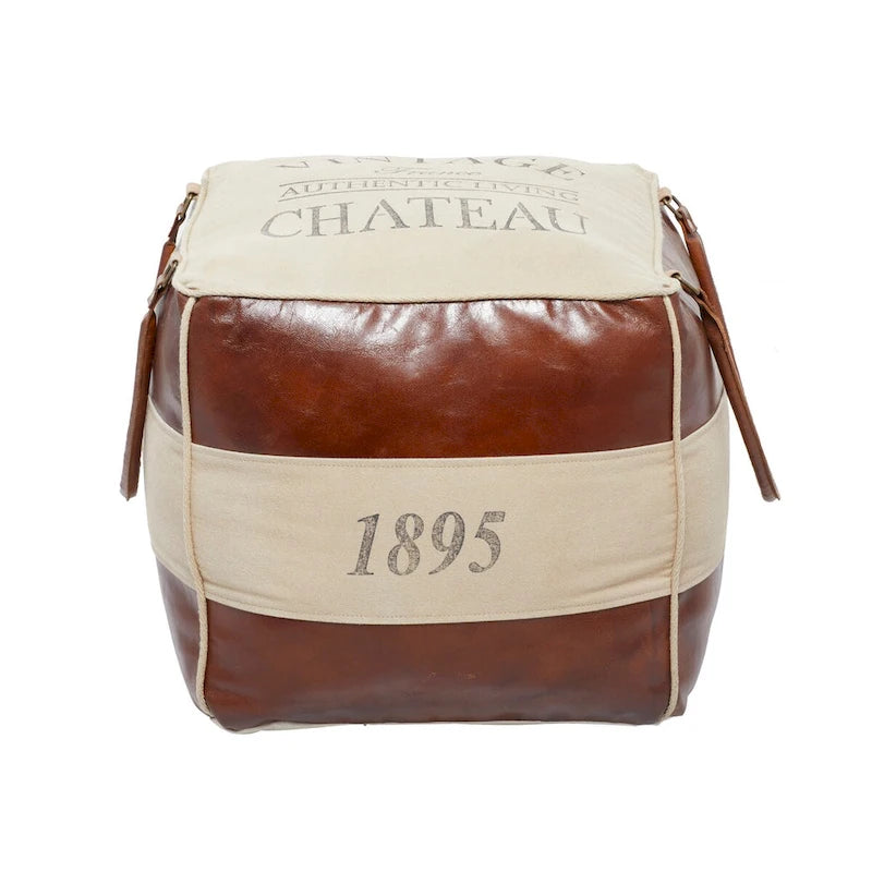 Canvas Pouf with Leather Handles - Gray, Brown, White, Cream or Beige - Roche River Decor