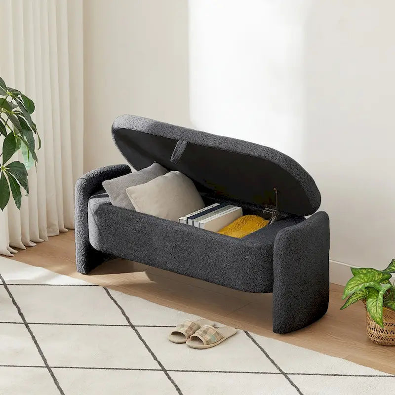 Ottoman Oval Storage Bench 3D Lamb Fleece Fabric Bench with Large Storage Space for the Living Room, Entryway and Bedroom