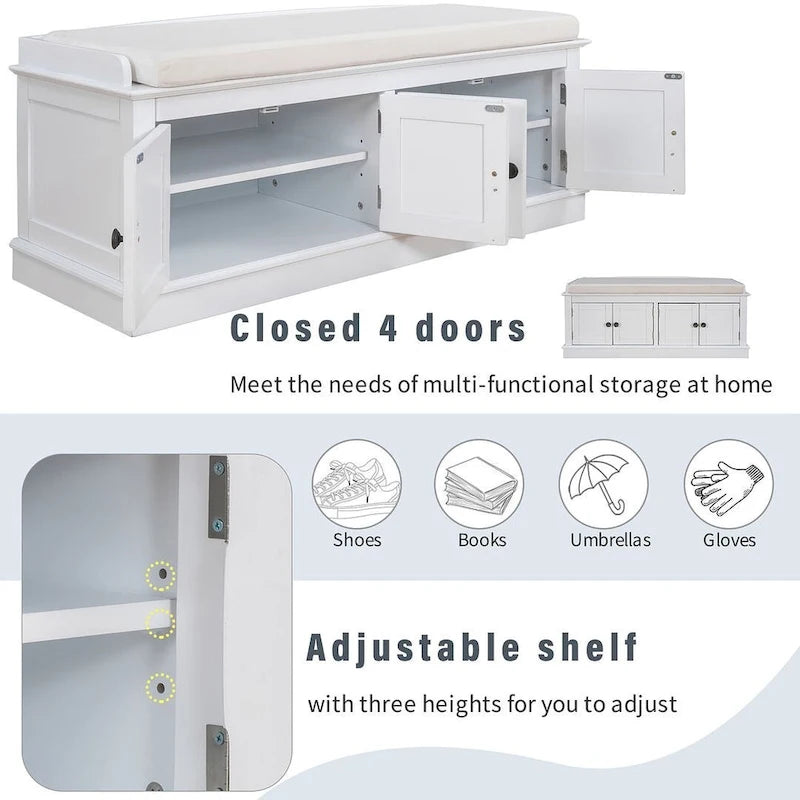 42.70 Modern Versatile Entry Upholstered Storage Bench with 4 Doors, Adjustable Shelves and Shoe Racks