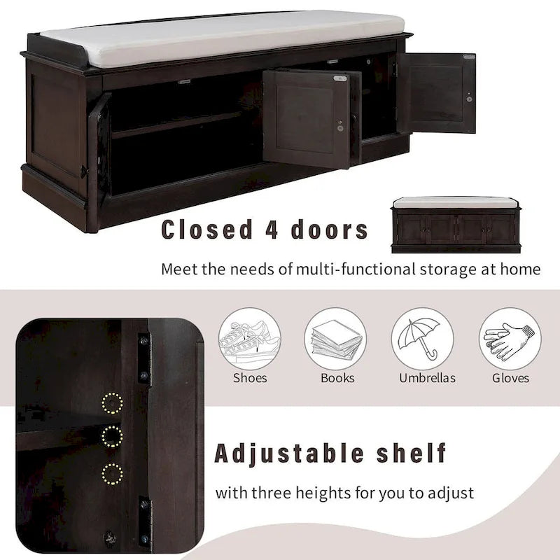 42.70 Modern Versatile Entry Upholstered Storage Bench with 4 Doors, Adjustable Shelves and Shoe Racks