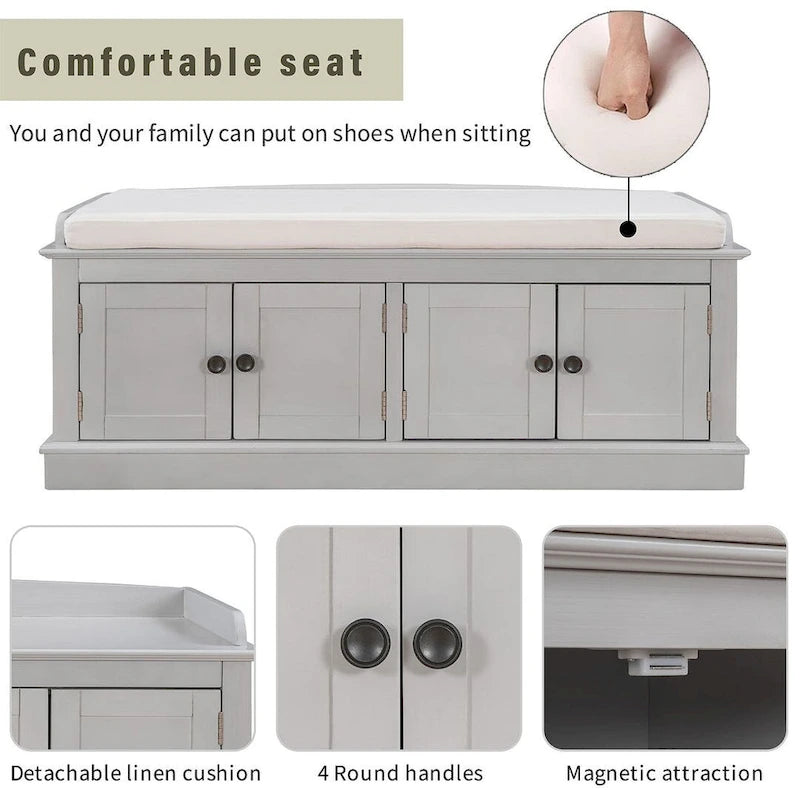 42.70 Modern Versatile Entry Upholstered Storage Bench with 4 Doors, Adjustable Shelves and Shoe Racks