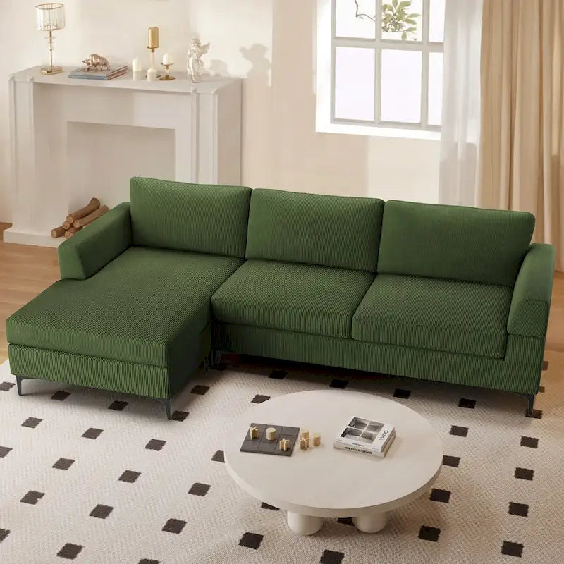 HOOOWOOO Modern L-Shaped Corduroy Upholstery Couch Reversible Chaise Sofa