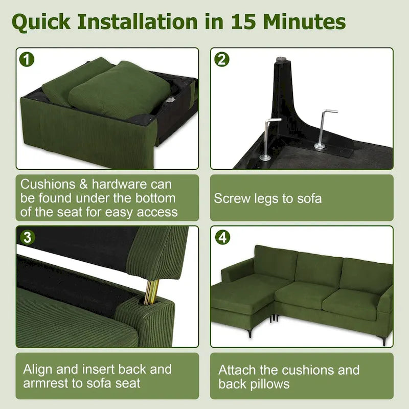 HOOOWOOO Modern L-Shaped Corduroy Upholstery Couch Reversible Chaise Sofa