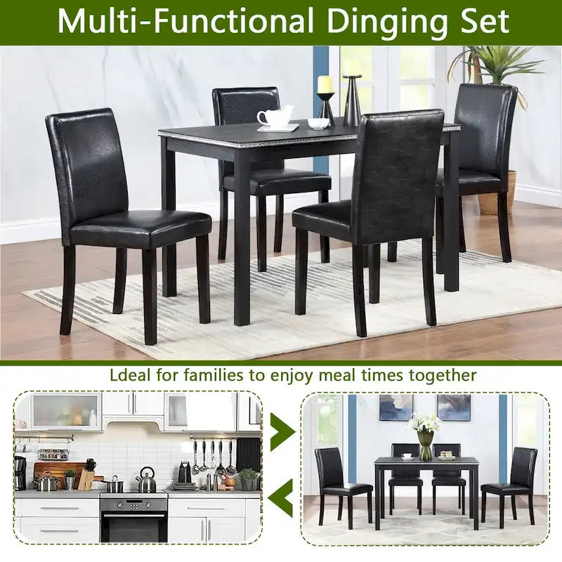 5 Piece Wooden Dining Table Set, Kitchen Table Set with a Rectangular Table and 4 Upholstered Chairs