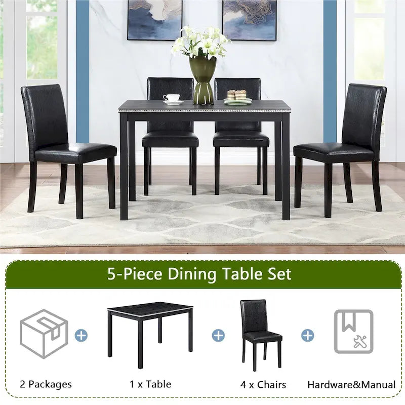 5 Piece Wooden Dining Table Set, Kitchen Table Set with a Rectangular Table and 4 Upholstered Chairs