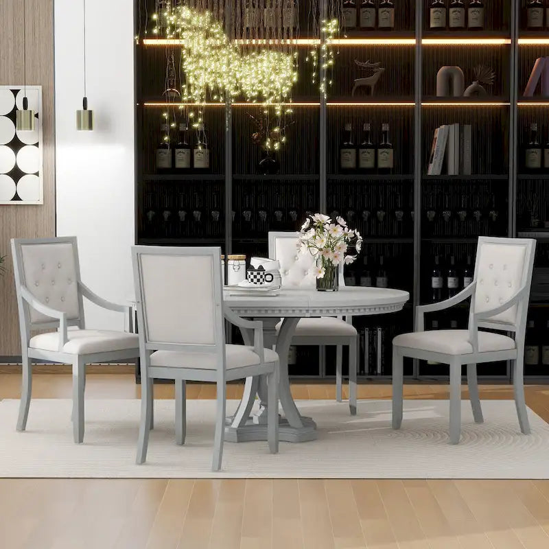 Retro 5-piece Dining Set with Extendable Round Table and 4 Chairs