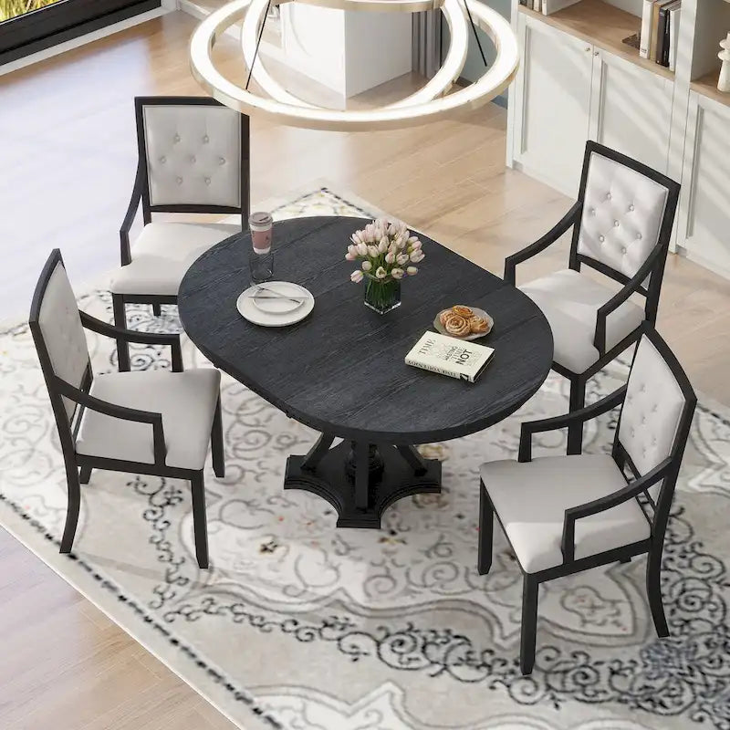 Retro 5-piece Dining Set with Extendable Round Table and 4 Chairs