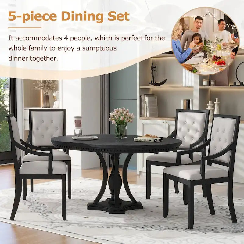Retro 5-piece Dining Set with Extendable Round Table and 4 Chairs