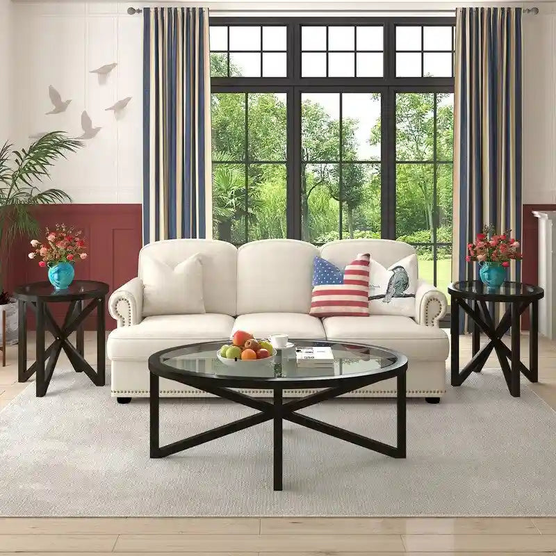 Modern Glass Coffee Table X-Cross Solid Wood Base End Table