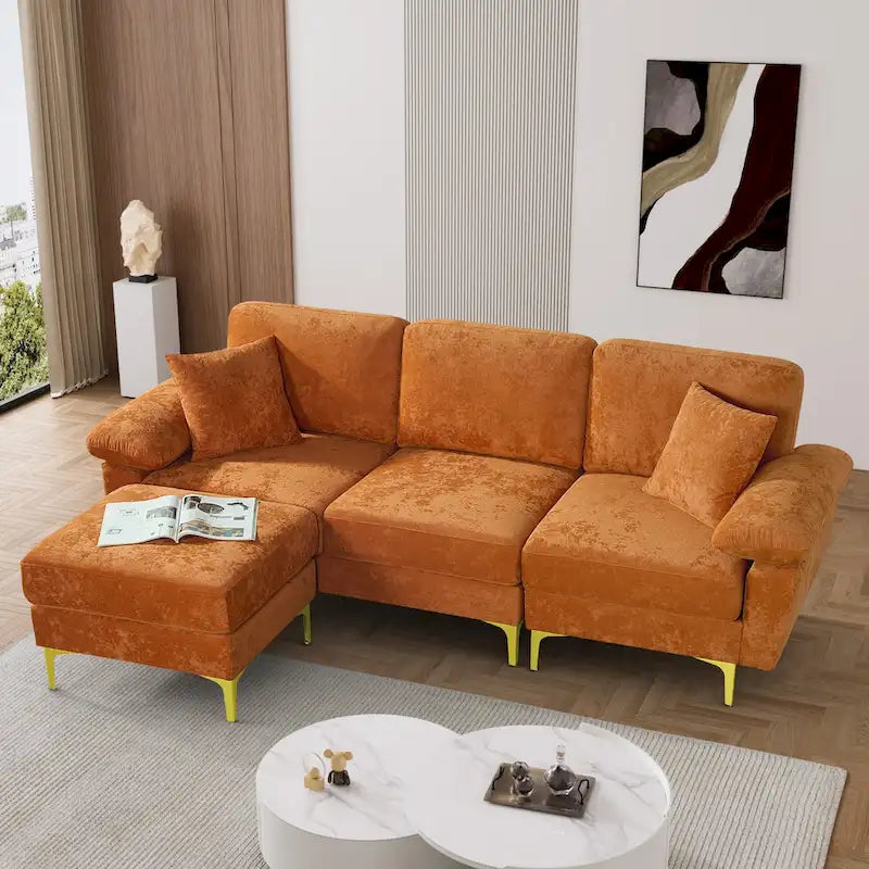 Ouyessir 2-Pieces Upholstered Velvet Sectional Sofa with 2 Pillows & Ottoman
