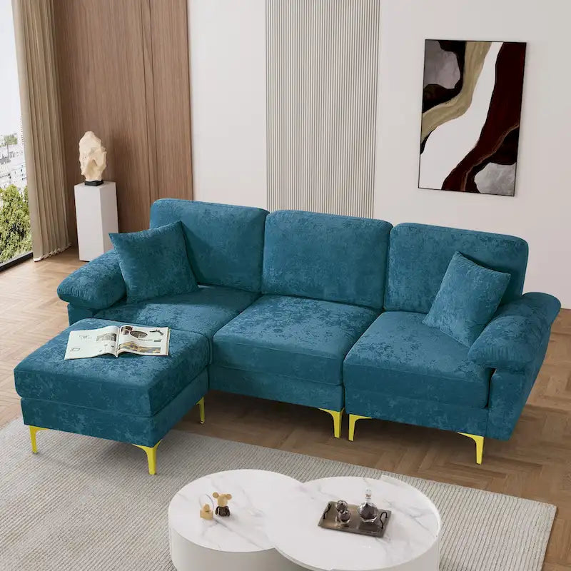 Ouyessir 2-Pieces Upholstered Velvet Sectional Sofa with 2 Pillows & Ottoman