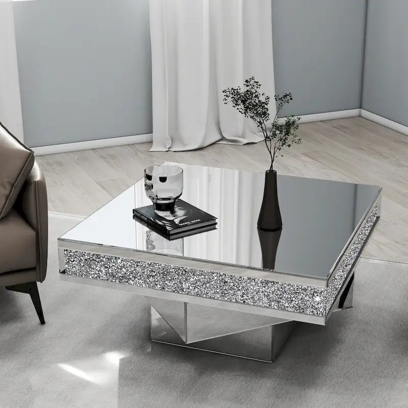 Glam Triple Mirror Diamond Coffee Table Accent Table