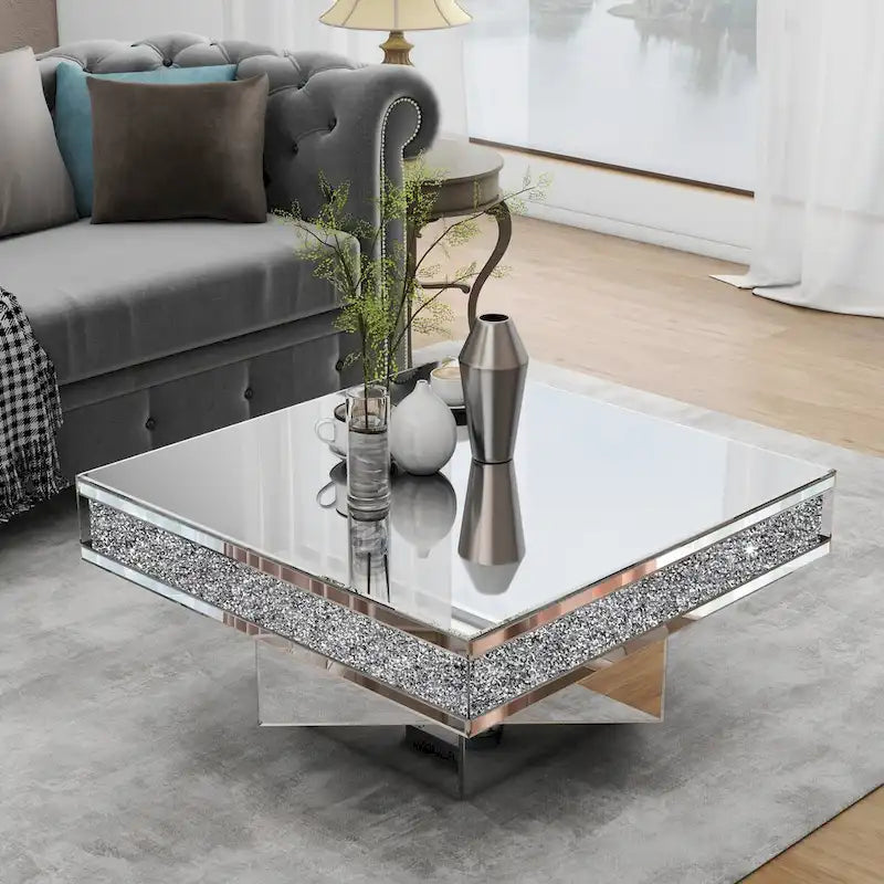 Glam Triple Mirror Diamond Coffee Table Accent Table