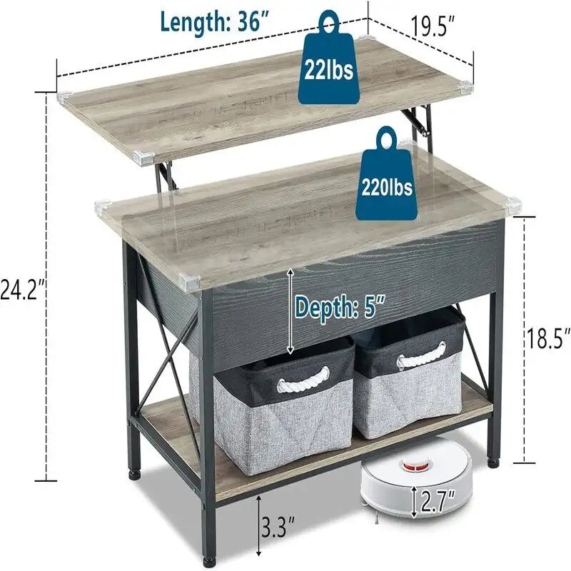 36 Lift Top Coffee Table with Free Cloth Storage Bins - 19.5D x 36W x 18.5H