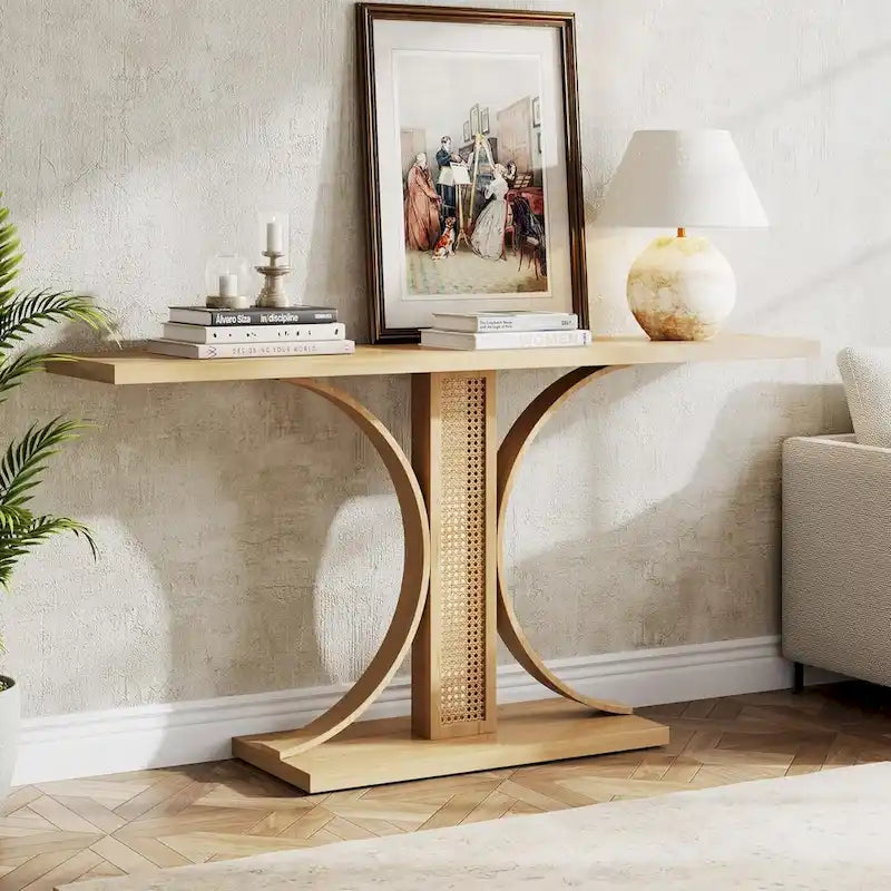 55 Inches Rattan Console Table for Living Room, Hallway, Foyer