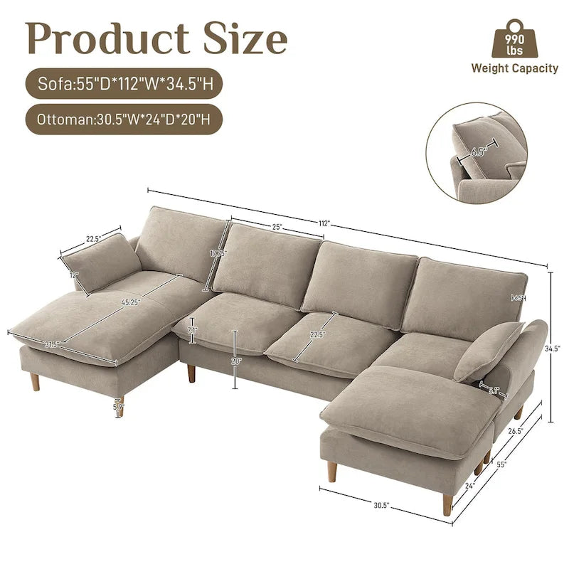 Modern U-Shaped Sectional Sofa Couch with Ottoman Chaise for Living Room