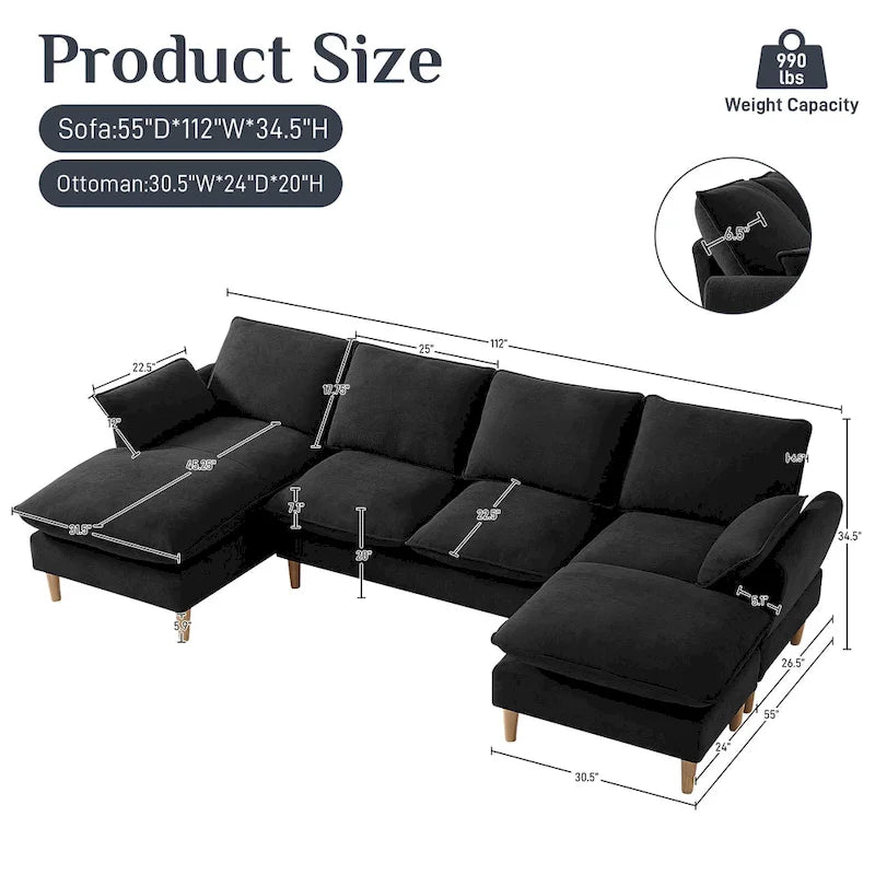 Modern U-Shaped Sectional Sofa Couch with Ottoman Chaise for Living Room
