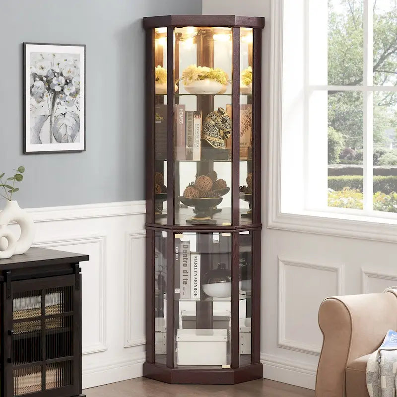 Corner Glass Cabinet Lighted Curio Cabinet Corner Display Case, Antique collection, Wine, Bar Glass Storage Light Included