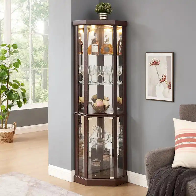 Corner Glass Cabinet Lighted Curio Cabinet Corner Display Case, Antique collection, Wine, Bar Glass Storage Light Included