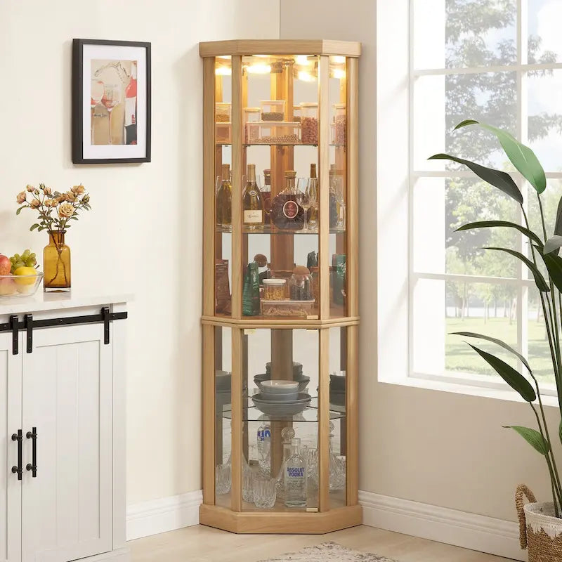 Corner Glass Cabinet Lighted Curio Cabinet Corner Display Case, Antique collection, Wine, Bar Glass Storage Light Included