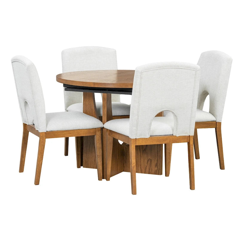 Modern 5-Piece Extendable Round Dining Table Set with 16.2inch Removable Leaf for Small Places