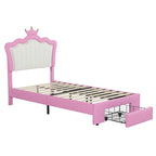 Twin Size Upholstered Bed Frame with LED Lights, Modern Upholstered Princess Bed with Crown Headboard, a Drawer, Pink+White